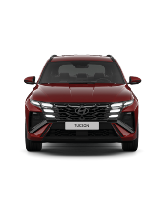 Frontansicht eines roten Hyundai TUCSON vor hellem Hintergrund. Promotionbild für attraktives Hyundai TUCSON Leasingangebot für Privatkunden.