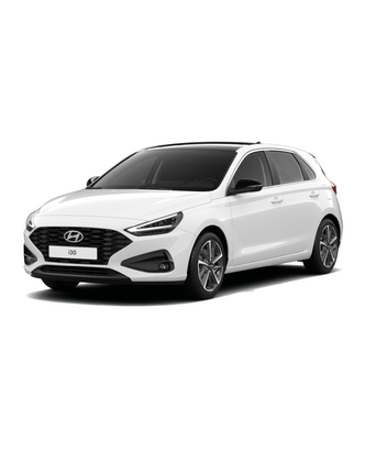 Weißer Hyundai i30 in Seitenansicht vor hellem Hintergrund. Promotionbild für attraktives Hyundai i30 Finanzierungsangebot für Privatkunden.