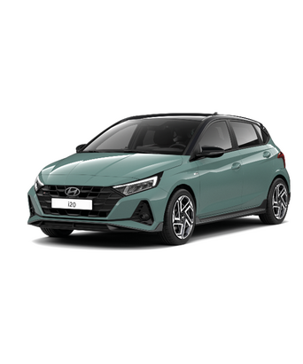 Hyundai i20 in Grün als Front-Seitenansicht vor hellem Hintergrund – Symbolbild für attraktive Abverkaufsangebote beim Autohaus Zondler.