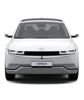 Frontansicht eines weißen Hyundai IONIQ 5 vor hellem Hintergrund. Promotionbild für attraktives Hyundai IONIQ 5 Leasingangebot für Privatkunden.